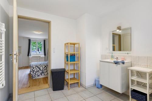 a bathroom with a sink and a mirror at Gîtes Du Logis De Bourseguin in Bourneau