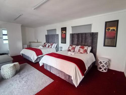 two beds in a white room with red carpet at Mabee's Place in Durban