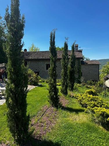 a row of trees in front of a house at B&B Borgo Scola Paradise View in Vimignano