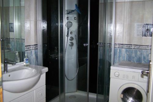 a bathroom with a shower and a sink and a washing machine at gite les beaudries in Rilly-sur-Loire