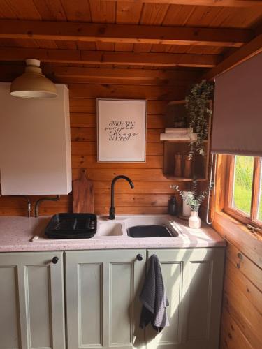 a kitchen with a sink and a counter top at Swan cove - Lakeside Caravan Park in Denver