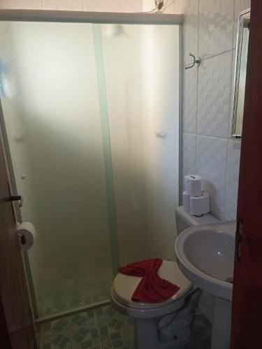 a bathroom with a shower and a toilet and a sink at Pousada Campestre Estância São Domingos in Serra Negra