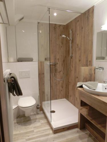 a bathroom with a shower and a toilet and a sink at Pension Karin in Breitengüßbach