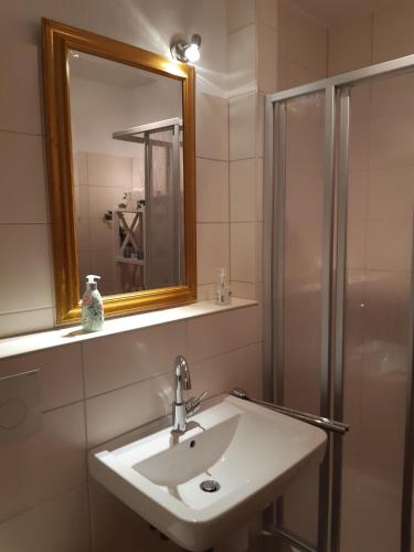 a bathroom with a sink and a shower with a mirror at Ferienwohnung Oelstorf in Eckernförde