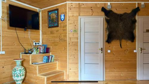 a room with a wooden wall with a television and a vase at хостел Галіція in Kolomiya