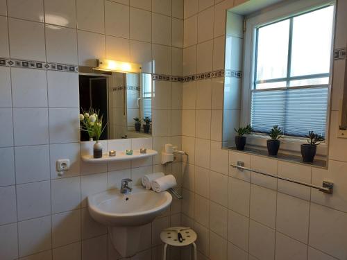 a bathroom with a sink and a mirror at Eifel Dream Wildeiche in Fleringen