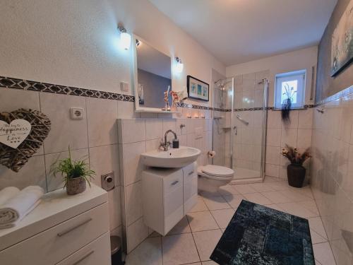 a bathroom with a sink and a toilet and a shower at Eifel Dream Kleinenims in Burbach