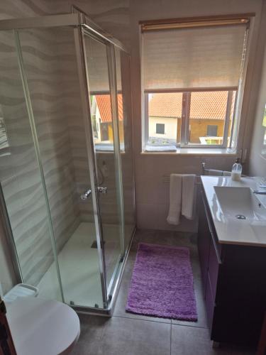a bathroom with a shower and a purple rug at Vivenda Atlantico in Vila Praia de Âncora