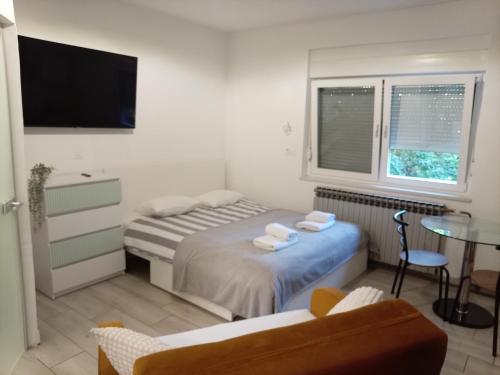 a bedroom with two beds and a table and a tv at Bright & Sunny Studio in Sesvete