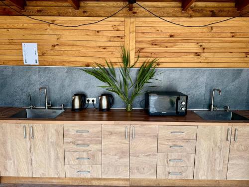 a kitchen with two sinks and a tv on a counter at Русалка in Szack