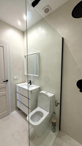a white bathroom with a toilet and a sink at Posadas de María Casa María 3 in Talavera de la Reina