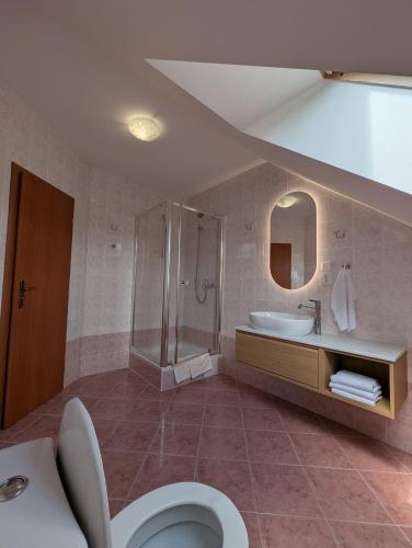 a bathroom with a shower and a toilet and a sink at Apartmany u Denyho in Zuberec
