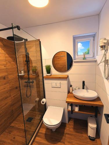 a bathroom with a shower and a toilet and a sink at Pensiunea Anda in Călăţele