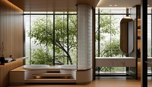 ein Badezimmer mit zwei Waschbecken und einem großen Fenster in der Unterkunft Marqen Hotel in Jakarta