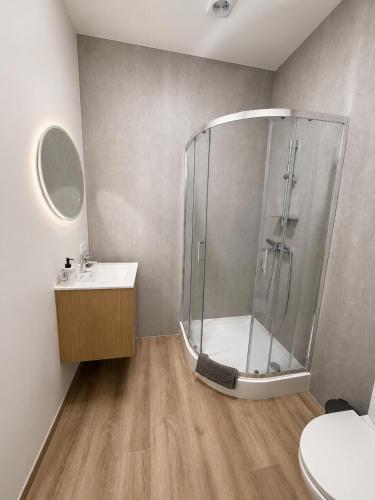 a bathroom with a shower and a sink at Glūdas Grava in Cēsis
