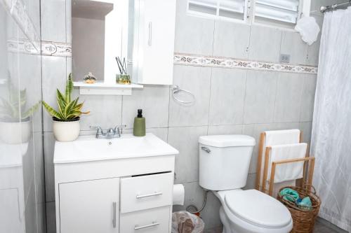 a white bathroom with a toilet and a sink at Cozy West Coast Studio in Cabo Rojo