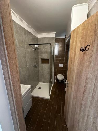 a bathroom with a shower and a toilet and a sink at Privet Apartman in Balatonfüred