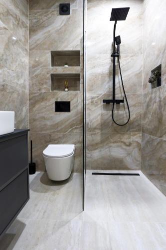 a bathroom with a shower with a toilet and a sink at Villa Truman Klek in Klek