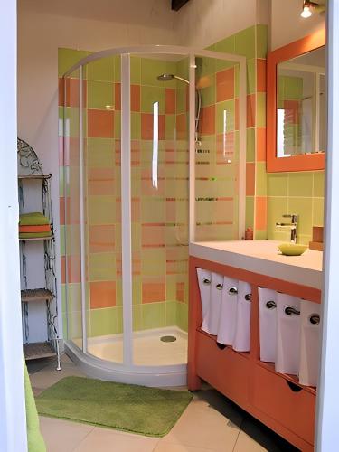 a bathroom with a shower and a sink at Chbres D'hôtes Ferme De Champliveau in Bonnée