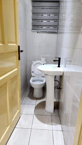 a white bathroom with a toilet and a sink at Executive Deluxe Studio Apt-Osu in Christiansborg