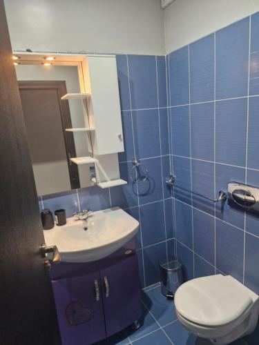 ein blaues Badezimmer mit Waschbecken und Toilette in der Unterkunft Dan-Mari in Baltschik