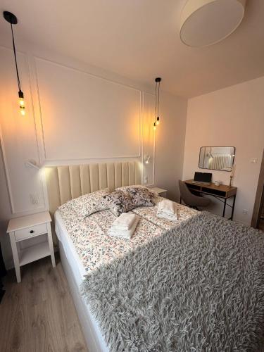 a bedroom with a bed and a desk at Apartament 15 in Lębork