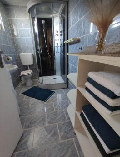 a bathroom with a shower and a toilet and towels at Apartmani Matan Vir in Vir