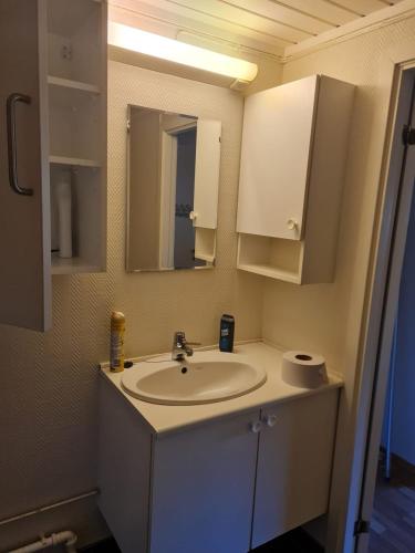 a bathroom with a sink and a mirror at Modern Arctic Apartment in Tromsø