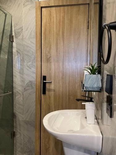 a bathroom with a white sink and a shower at Ileero Homes The Beachfront in Lekki