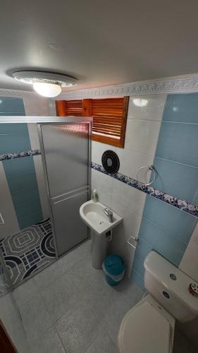 a bathroom with a toilet and a sink at Hostal la Divisa Salento in Arrayanal