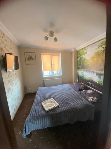 a bedroom with a bed and a painting on the wall at AURa in Zhytomyr