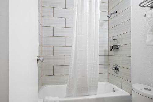 a bathroom with a shower with a tub and a toilet at Americas Best Value Inn in Danville