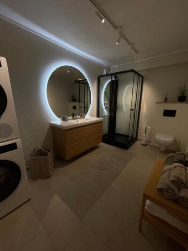 a bathroom with a sink and a mirror and a toilet at City Svolvær Apartment in Svolvær