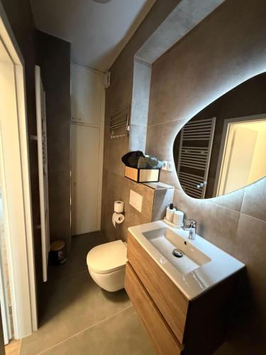 a bathroom with a toilet and a sink and a mirror at Downtown in Bonn