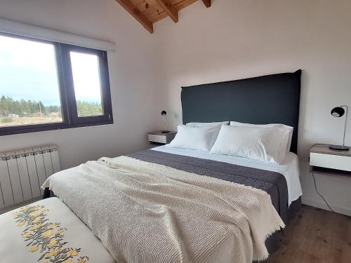 a bedroom with a large bed and two windows at Jardín de Estepa in Dina Huapi