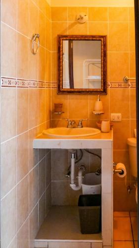 a bathroom with a sink and a mirror at Cien Fuegos Hostel in Salcoatitán