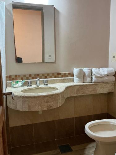 a bathroom with a sink and a toilet and a mirror at Asuncion Palace in Asunción