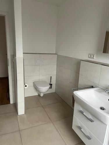 a bathroom with a toilet and a sink at Ferienwohnung Landhege in Michelfeld