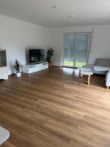 an empty living room with a couch and a tv at Ferienwohnung Landhege in Michelfeld