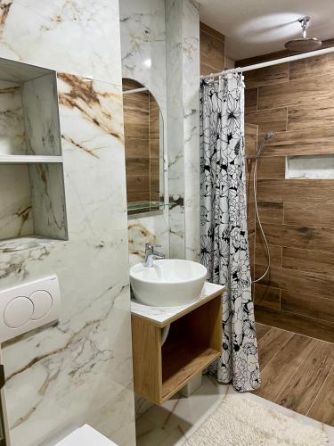 a bathroom with a sink and a shower at WISH Apartment Sarajevo in Sarajevo