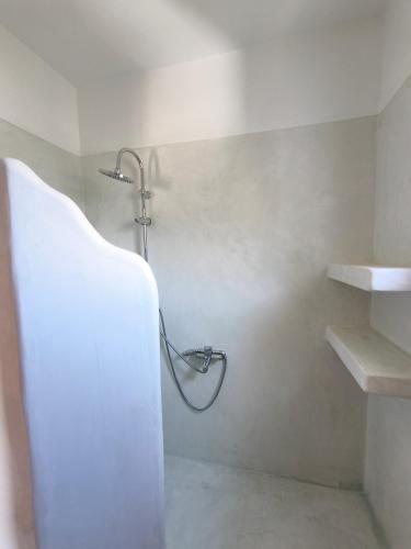 a shower in a bathroom with a white wall at Casa Stella in Mézapos