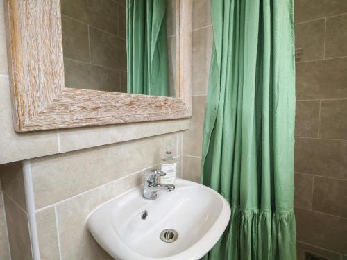 a bathroom with a sink and a green shower curtain at Bay Cosy in Pevensey