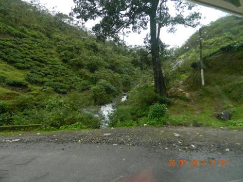 a road with a waterfall on the side of a mountain at Shawn Dale Homestay in Ramakkalmedu