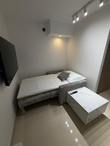 a small room with a bed and a table at Ana Deluxe Apartment in Radovljica