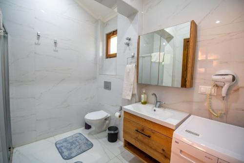 a bathroom with a sink and a shower and a toilet at Villa Masal in Kayakoy