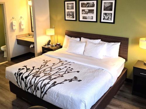 a hotel room with a bed with a zebra pattern on it at Austinburg Hotel in Austinburg