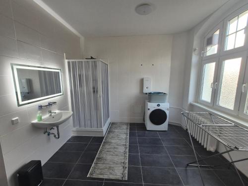 a bathroom with a toilet and a sink at Hostelion in Magdeburg