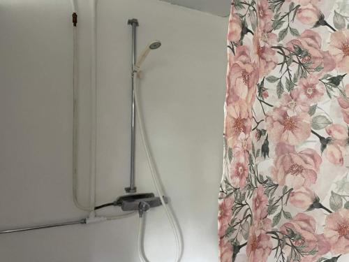 a shower curtain with pink flowers on a wall at 6 person holiday home in 38472-By Traum in Tillingenabben