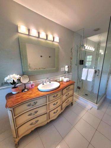 a bathroom with a sink and a shower with a mirror at Charlotte Garden Bed and Breakfast in Niagara-on-the-Lake