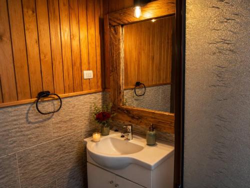 a bathroom with a sink and a mirror at El Urco Chiloé - Cabaña La Fiura in Ancud